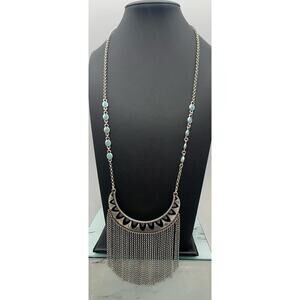 NWT Lucky Brand Silver Tone Faux Turquoise and Fringe Statement Necklace Boho